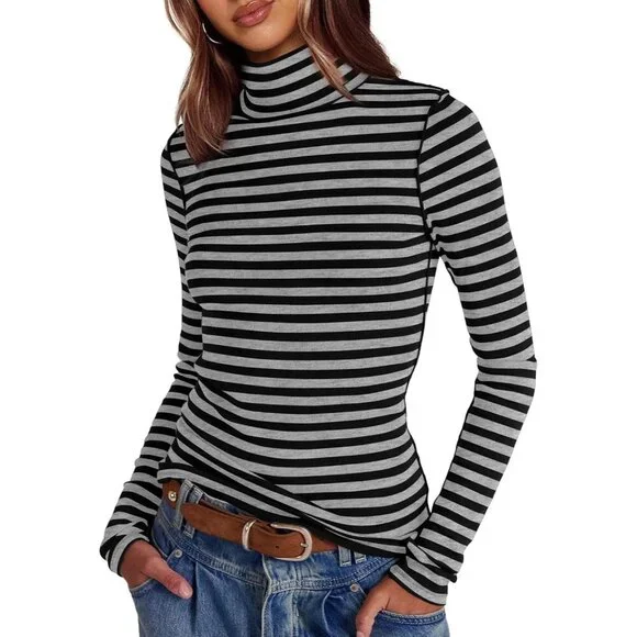 Women's Undershirts Light Grey Striped Long Sleeve Ribbed Slim Top Tees - Picture 3 of 5